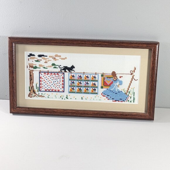 Small handmade cross-stitch picture black cat washing line, garden laundry day - Picture 1 of 8